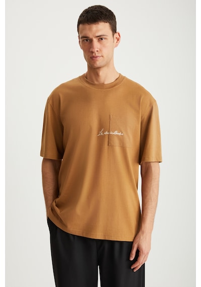 Grimelange Kravın Erkek %100 Pamuk Bisiklet Yaka Baskılı Kahverengi T-shirt