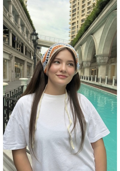 Kadın Bandana Turuncu Çizgili Triko Hair Band Kadın Retro Yazlık Saç Aksesuarı Turuncu