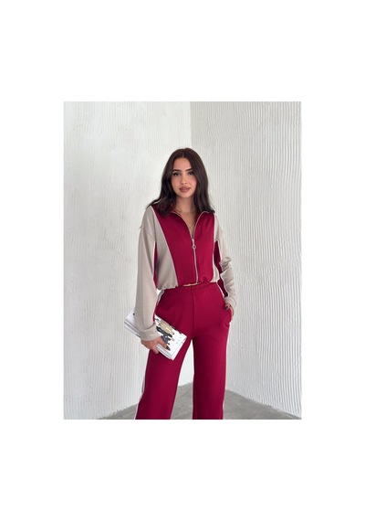 Gugus Kadın Trend Eşofman Takımı Dik Yaka Fermuarlı Bol Paça Yanları Şeritli Aysho Model Bordo-bej Gugus Kadın Trend Eşofman Takımı Dik Yaka Fermuarlı Bol Paça Yanları Şeritli Aysho Model Bordo-bej