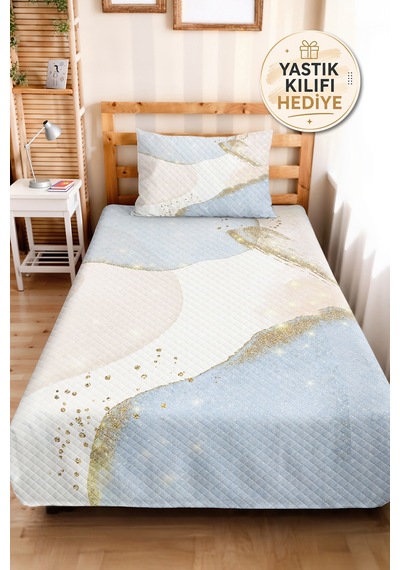 Mavi Geometrik Modern Genç Odası Tek Kişilik Pike Takımı-beyaz Gold 160x220 Cm Kapitone Yatak Örtüsü Narin Kahve Uyumu