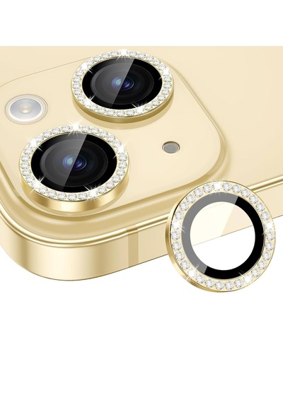 Apple Uyumlu iPhone 14 / 14 Plus İçin Ipg Kamera Lens Koruyucu - Taşlı - Altın