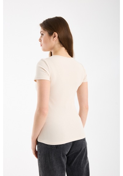 Hdm Kadın Esnek Fitilli Yakası Çıtçıtlı Fildişi Kısa Kol Basic Örme Bluz - H5993-56 Ekru