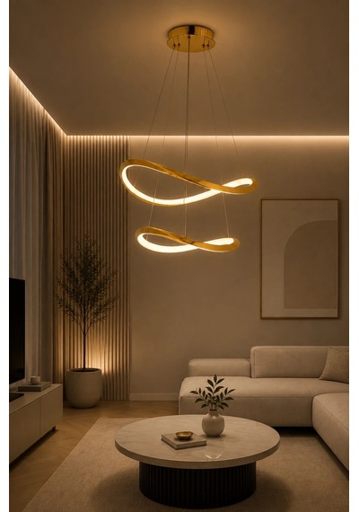 Modern Premium 2'li Gold Halka 3 Renkli Ledli Sarkıt Avizesi Salon Mutfak Oturma Odası Modelleri 48w Beyaz