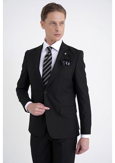 Efor Slim Fit Mono Yaka Esnek Yünlü Siyah Çizgili Takım Elbise Tk 942