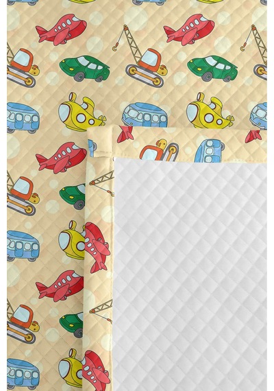 Evimde Bambaşka Ulaşım Temalı Sarı Erkek Çocuk Pike Takımı - Çizgi Araçlı Krem Bebek Odası Yatak Örtüsü - 160x220  CM