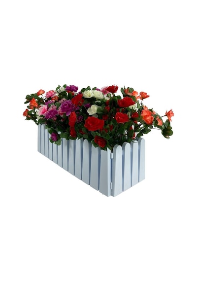 Yapay Çiçek Beyaz Çit Balkon Saksısı Renkli Açelya Çiçekli 55x20C