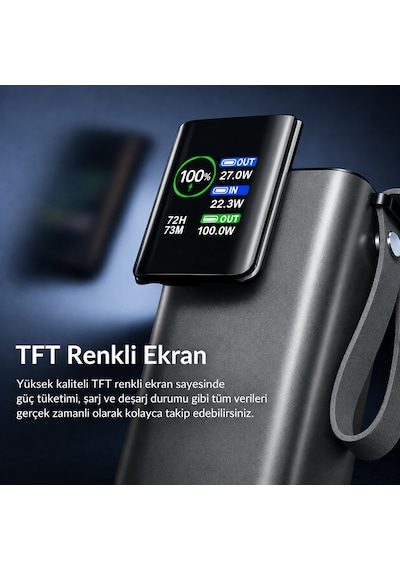 100w Ultra Hızlı Şarj Powerbank 20000 Mah Pd 3.0 Tft Ekranlı Dahili Type-c Kablolu Gri