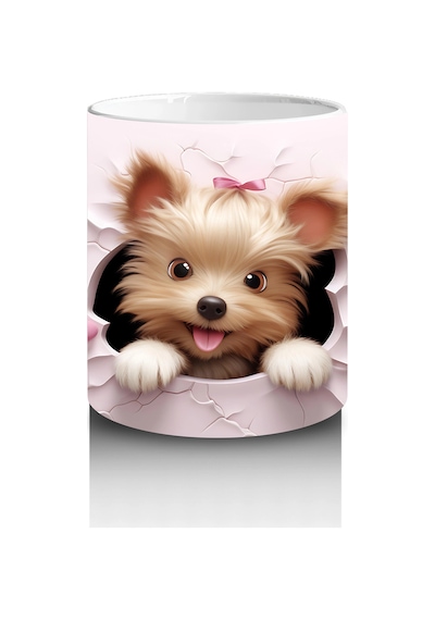 Pembe Çiçeklerle Süslenmiş Sevimli Köpek Baskılı Kahve Kupası Renkli
