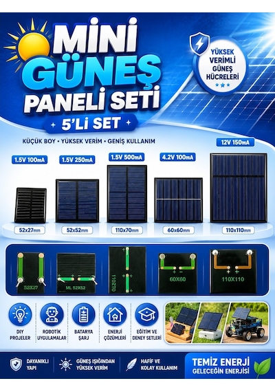 Mini Güneş Paneli Seti 5 Li Solar Panel Paketi 1.5v / 4.2v / 12v