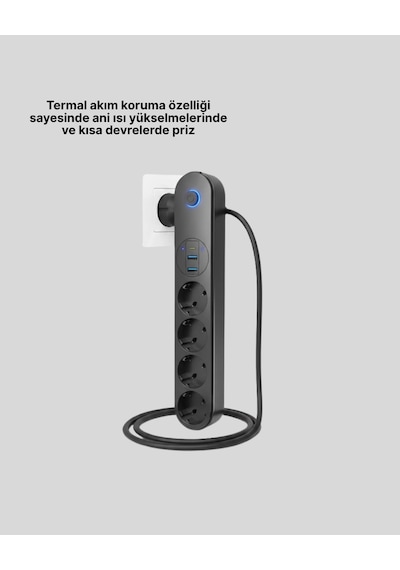 4 Priz 2 Usb 1 Type-c Akım Korumalı Çoklu Priz Led Anahtarlı 1