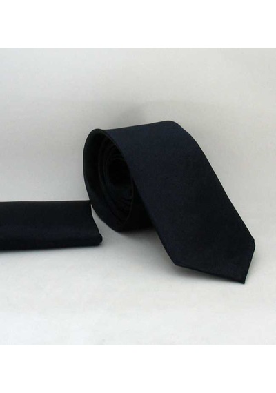 Gaffy Koyu Lacivert Slim Fit İnce Düz Renk Mendilli Saten Kravat - Ss Lacivert