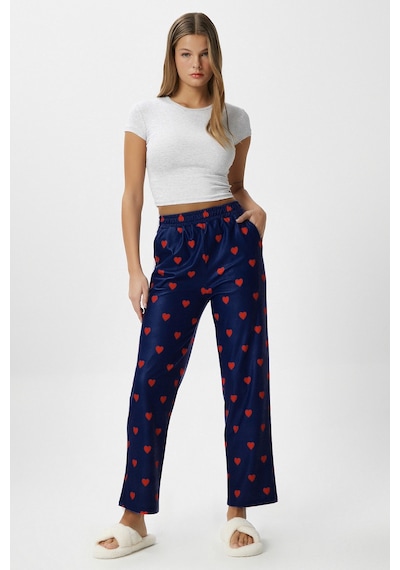 Ritnice Kadın Teddi Ultra Yumuşak Cepli Lacivert Kalp Desen Yılbaşı Pijama Altı Lacivert