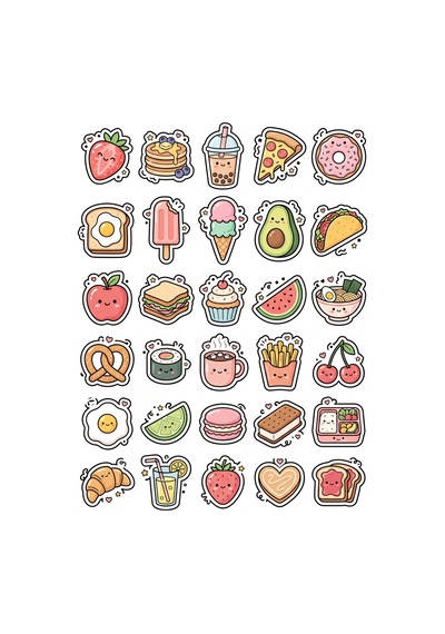 30 Adet Doodle Yiyecek Sticker Seti - Laptop Defter Su Matarası İçin Çok Renkli