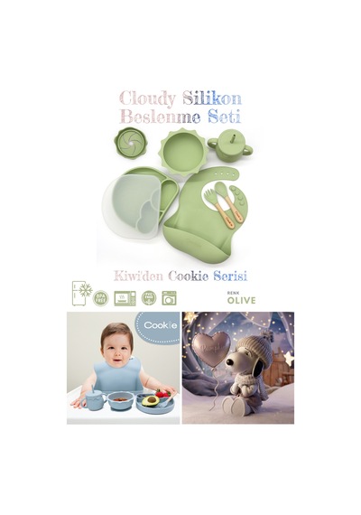 Kiwi Cloudy 11 Parça Full Silikon Bebek Beslenme Seti: Güvenli, Esnek, Bpa / Pvc İçermez, %100 Doğal
