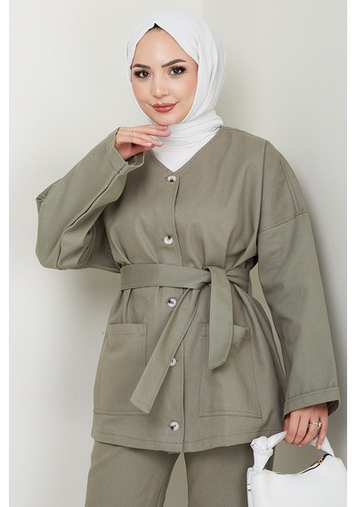 Bestenur Kemerli Ceket Pantolon Gabardin Takım 1557 - Mint Mint Yeşili