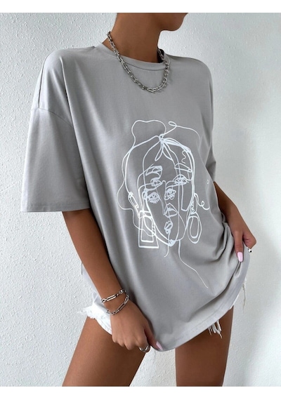 Flood Of Style Kadın Çizgili Figür Oversize Boyamalı Gri T-shirt