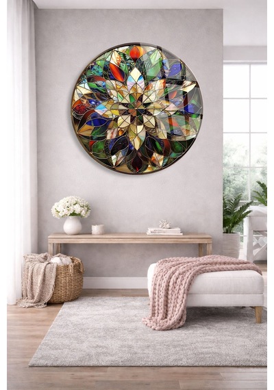 Vitray Çiçek Mandala Cam Tablo Modern Sanat Tablosu Canlı Renkli Baskı Ofis Ve Çalışma Odası Anlamlı Hediye Seçeneği Kolay Montaj Askılı