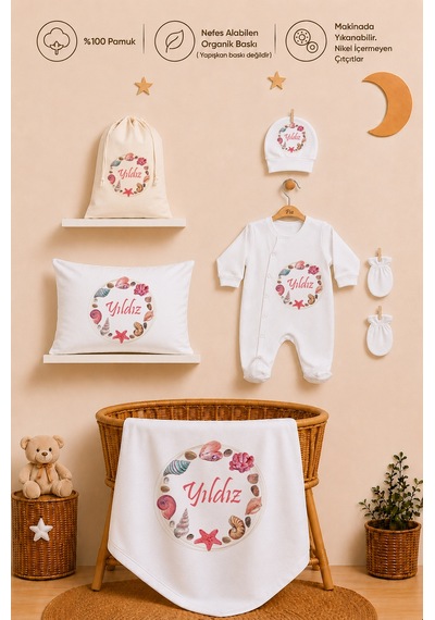 Pia Baby Kız Bebek İsimli %100 Pamuk Hastane Çıkışı 6 Parça Tulum Şapka Eldiven Hediye Seti 2098tybk3x Krem