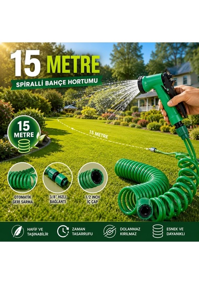 15 Metre Spiralli Bahçe Hortumu Seti Çok Fonksiyonlu Sulama Tabancalı