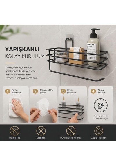 Alper Banyo Yapışkanlı Siyah Raflı Solo Havlu Askısı
