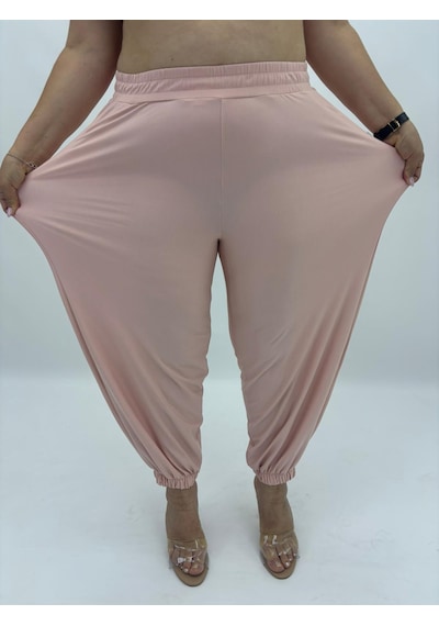 Büyük Beden Kemerli Yüksek Bel Likralı Balon Kesim Lastikli Paça Sandy Kumaş Kadın Pantolon Pudra Büyük Beden Kemerli Yüksek Bel Likralı Balon Kesim Lastikli Paça Sandy Kumaş Kadın Pantolon Pudra