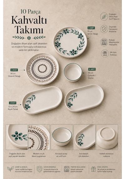 10 Parça 4 Kişilik Leaf Stoneware Kahvaltı Takımı - Özel Desenli Kahvaltılık Servis Sunum Seti Çok Renkli