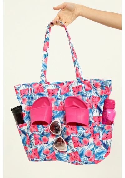 İcone Bag Kadın Çantası, Fonksiyonel Baskılı Plaj Çanta, Beach Bag, Karpuz Tropical Desenli Fermuarlı Çanta Mavi - Kırmızı