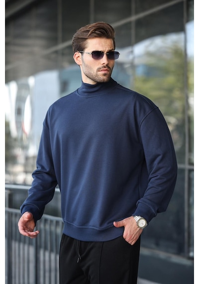 Madmext Lacivert Yarım Balıkçı Yaka Erkek Basic Sweatshirt E7158 Lacivert