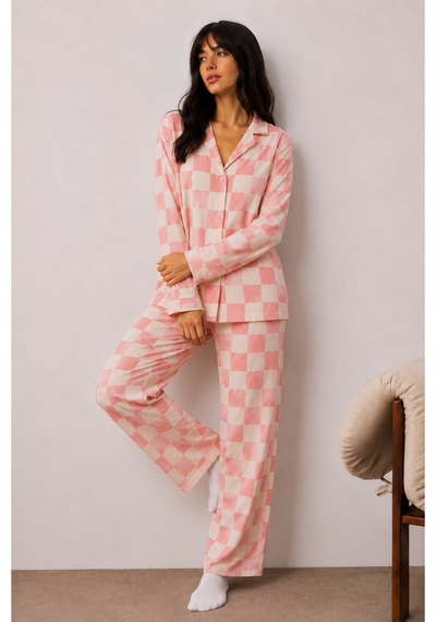 Kadın Düğmeli Kışlık Ev Pembe Pijama Takımı