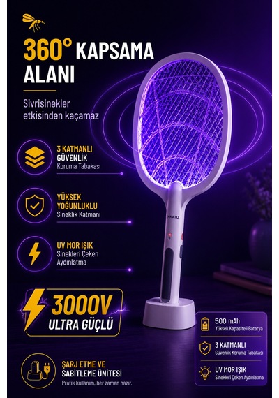 7/24 Şarjlı Elektrikli Sinek Raketi Standlı Sivrisinek Haşere Öldürücü Sineklik Haşere Aleti Z103