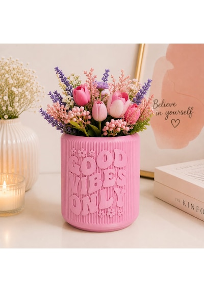 Kabartma Yazılı Dekoratif Saksı Modern Tasarım Pembe