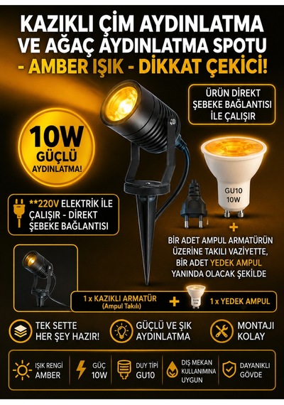 220v Amber Kazıklı Çim Ve Ağaç Aydınlatma Spotu,çim Spotu,bahçe Lambası,dış Mekan Aydınlatma,modern Spot Lamba Bahçe Dekor Lambası,ağaç, Çim Ve Peyzaj Aydınlatma Armatürü Amber