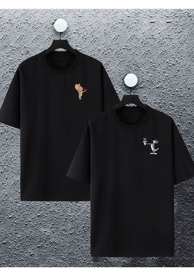 Unisex Kadın Erkek Çiçekli Tom Ve Jerry Baskılı Sevgili Çift Kombini Tasarım Oversize Tshirt 2'li Siyah1 Mck2102 Siyah