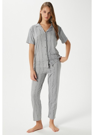 Ritnice Kadın Spring Yumuşak Doku Gri Bahar Dalı Ön Düğmeli Kısa Kollu Pijama Takımı