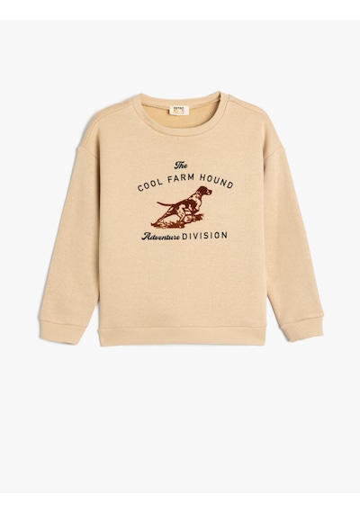 Koton Oversize Sweatshirt Köpek Baskılı Uzun Kollu Bisiklet Yaka Şardonlu Bej 5wkb10563tk Ekru