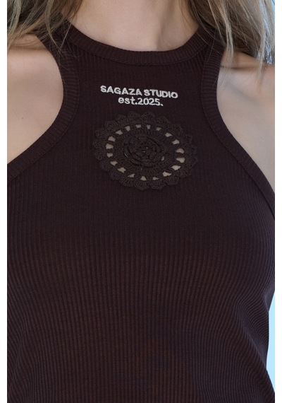 Sagaza Studio Ss6066 Baskı Detaylı Arkası Fermuarlı Bluz Kahverengi