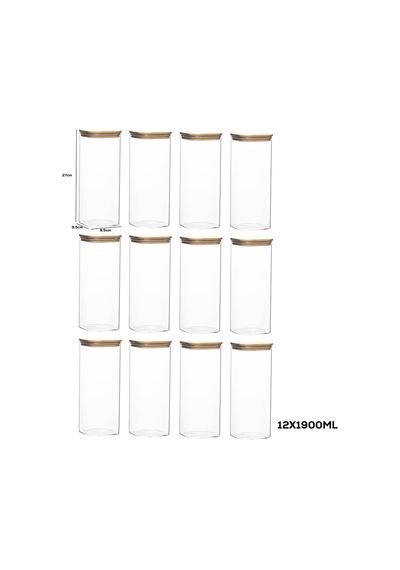 7-4 Bambu Vakumlu Kapaklı Kare Borsilikat Cam 12li Kavanoz Seti Saklama Kabı 1900ml 9,5x27cm Çok Renkli