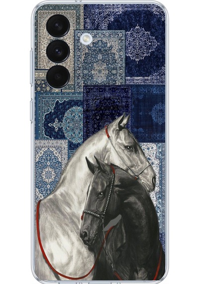 Samsung Galaxy S26+ Plus Uyumlu Mavi Kilim Desenli Siyah Ve Beyaz At Baskılı Silikon Kılıf Renkli