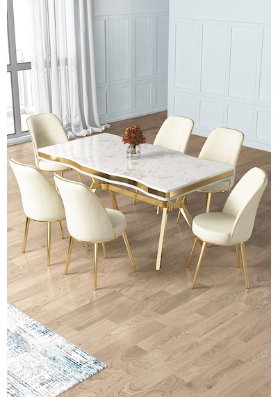 Canisa Prah Serisi 90x160 Lak Panel Beyaz Mermer Desen Gold Ayak Masa Takımı Ve 6 Krem Sandalye Beyaz Mermer Masa Krem Sandalye Gold Detay Canisa Prah Serisi 90x160 Lak Panel Beyaz Mermer Desen Gold Ayak Masa Takımı Ve 6 Krem Sandalye Beyaz Mermer Masa Krem Sandalye Gold Detay