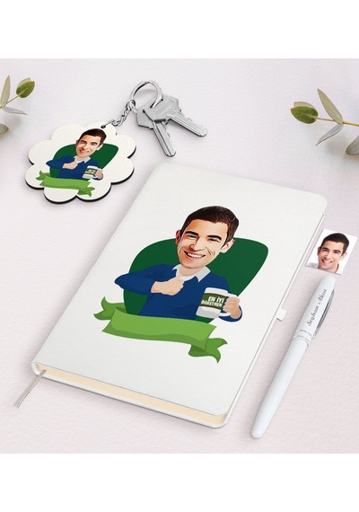 Kişiye Özel Erkek En İyi Öğretmen Karikatürlü Beyaz Defter Kalem