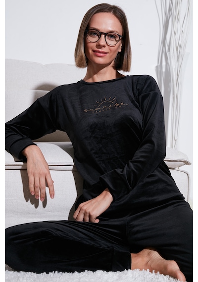 Lela Standart Fit Bisiklet Yaka Yumuşak Kadife Bayan Pijama Takımı 6094201 Siyah