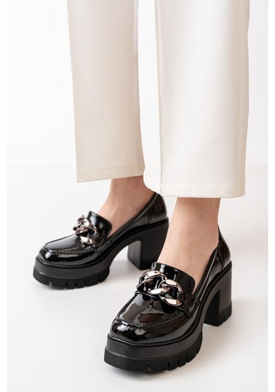 Asmi Shoes Kadın Zincir Tokalı Karmi 8 Cm Topuklu Loafer Platformlu Ayakkabı Siyah Siyah