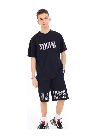 Marions Erkek Çocuk Pamuklu Nirvana Yazılı Sırtı Baskılı Renkli T-shirt-13732-siyah Siyah