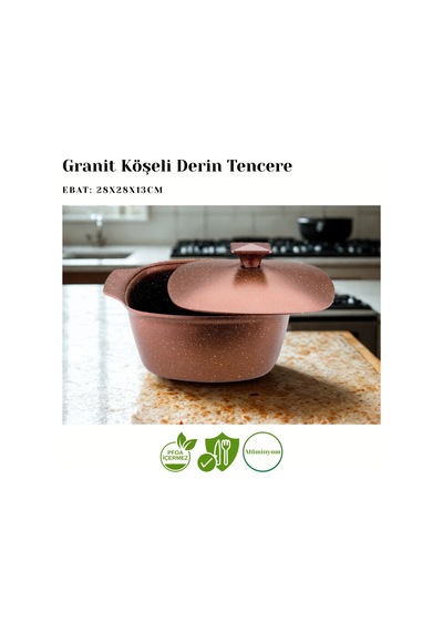 Katre 28 Cm Granit Köşeli Derin Tencere Alüminyum Kapak - Koyu Bakır