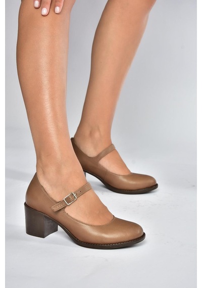 Fox Shoes V468297203 Vizon Hakiki Deri Kalın Topuklu Kadın Ayakkabı Vizon