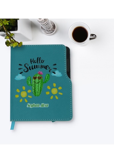 Kişiye Özel Kaktüs Tasarımlı Turkuaz Termo Deri Defter-8 Turkuaz