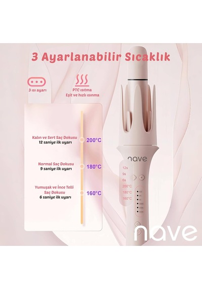 Nave 4 İn 1 Saç Maşası Seti, Seramik Kaplama, Otomatik Kapanma, 3 Sıcaklık Seviyesi, 360 Dönen Kablo, Pembe