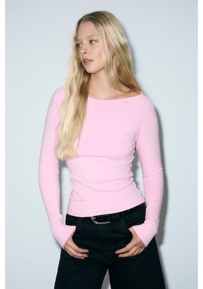 Grımelange Karakola Kadın Organik Pamuklu Kayık Yaka Reglan Kol Slim Fit Pembe Bluz Pembe