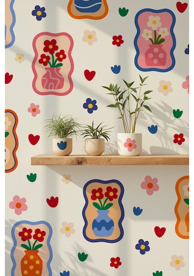 Renkli Çiçekli Vazo Duvar Sticker Seti 68 Parça, 9 Model, Çocuk Odası & Salon Dekorasyonu Dijital Baskı