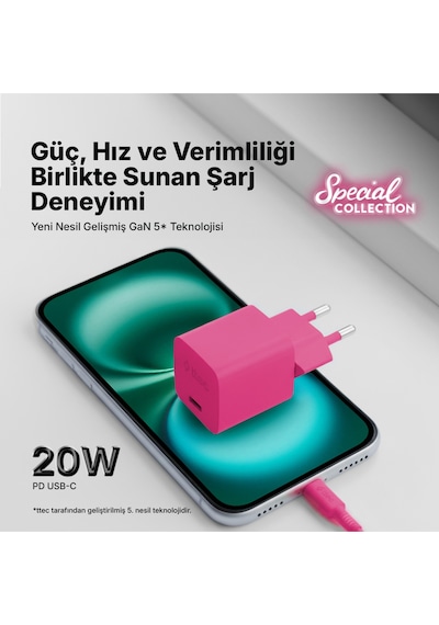 Ttec Smartcharger Gan 20W PD Seyahat Hızlı Şarj Aleti+USB-C-Lightning 120 CM Kablo Neon Pembe